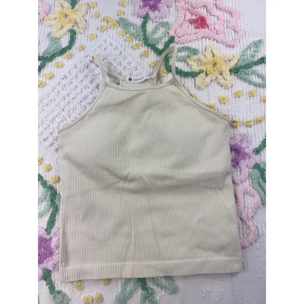 LASLULU Ribbed Halter Crop Tank Top‎ Cream Beige Seamless Workout Athleisure S - Image 2