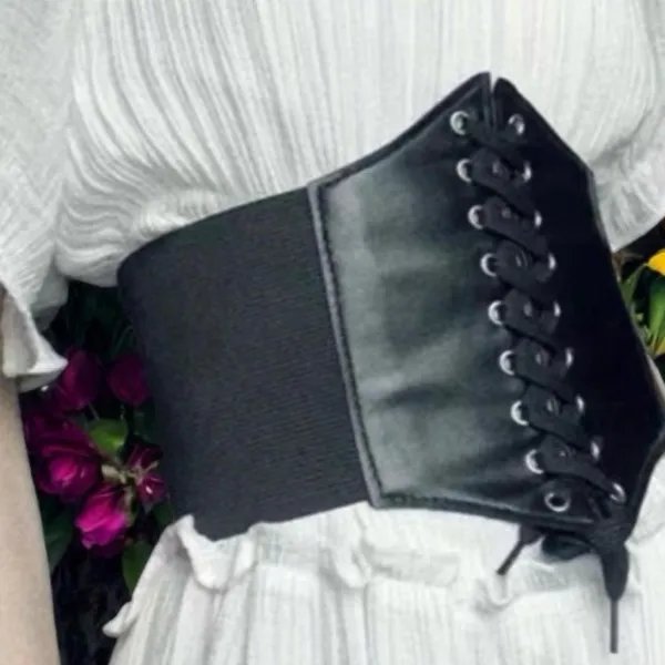Plus Size Black Vintage‎ Style Lace Up Faux Leather Elastic Back Closure Waist - Image 9