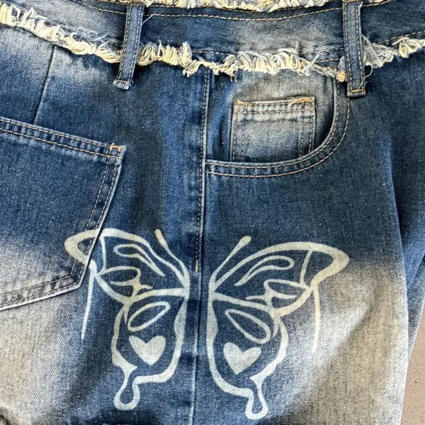 Y2K Butterfly Bleach Print Frayed Waist Denim Shorts Women’s Size Medium - Image 3