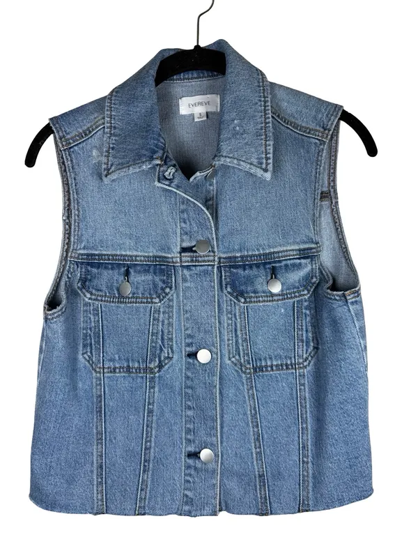 Evereve Denim Vest - Light Blue Wash, Distressed, Cropped - Size Small - Image 4