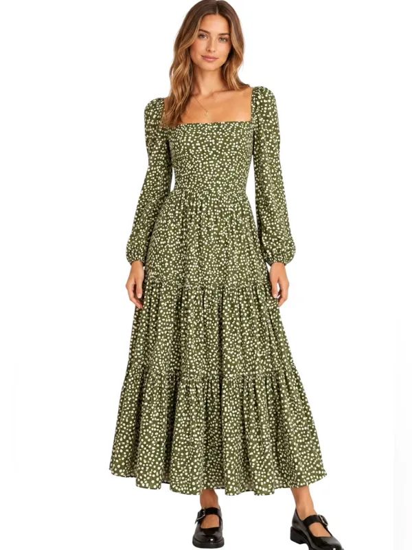 REFORMATION Kellie Maxi Tiered Dress Green Moiret Polka Dots Size 2 - Image 14