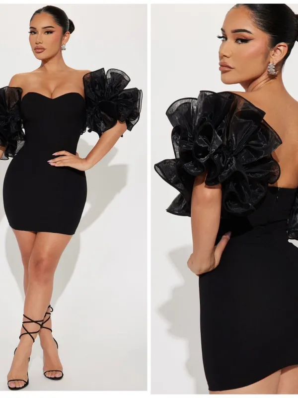 Black Ruched Bodycon Mini Dress Sweetheart Organza Ruffle Sleeves Size Small - Image 2