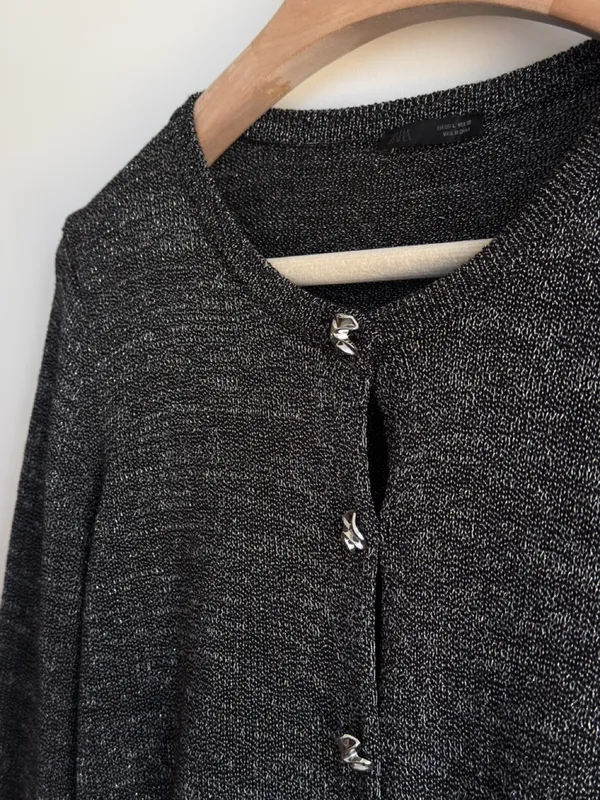 Zara Black Silver Metallic Knit Cardigan Statement Buttons Size L - Image 6