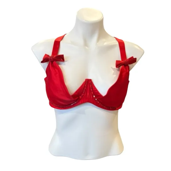 VICTORIA’S SECRET Dream Angels Wicked Satin Peek A Boo Cup Bra Red Crystal XL - Image 3