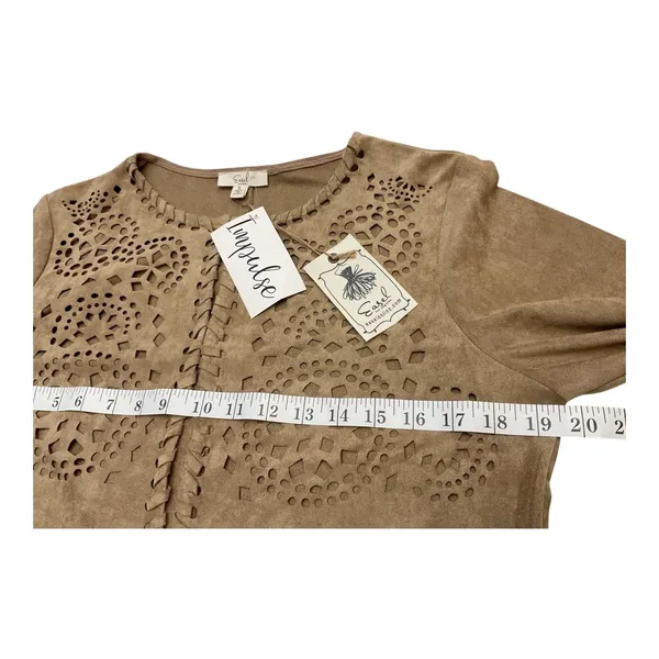 Easel Los Angeles Suede Like Jacket Boho Fringe Cutout Embellished Tan‎ - Image 10