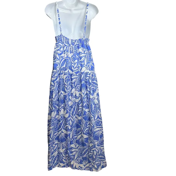 Old Navy Women Blue White Floral Tropical Smocked Tiered Maxi Dress Large - Image 4
