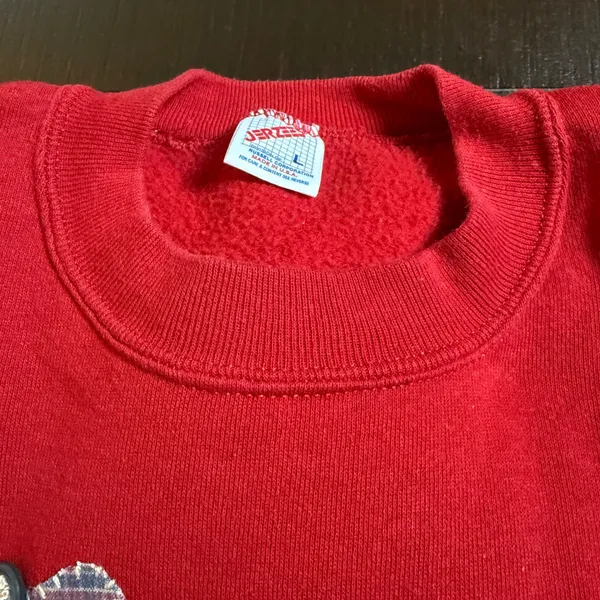 Vtg 90s Jerzees Sweatshirt L Red Patchwork Quilt Hearts Grandmacore USA Made - Image 11