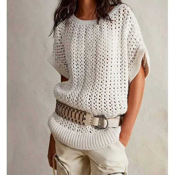 Free People Sophia Sweater Cream Crochet Open Chunky Knit Cotton Size Small - Image 4