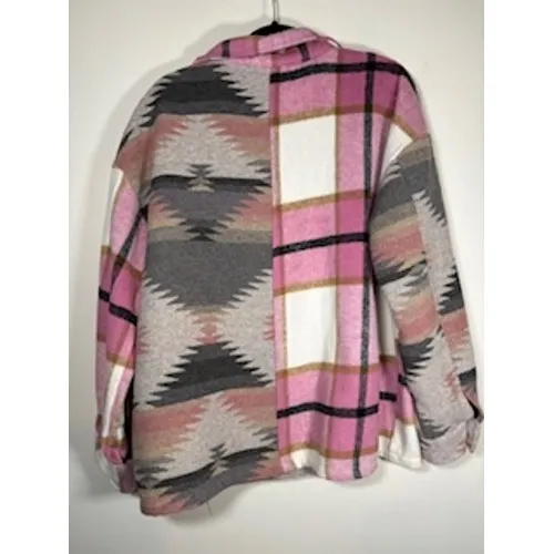 Entro Shacket Pink Aztec Plaid Colorblock Button Front Southwestern Boho Large - Image 5