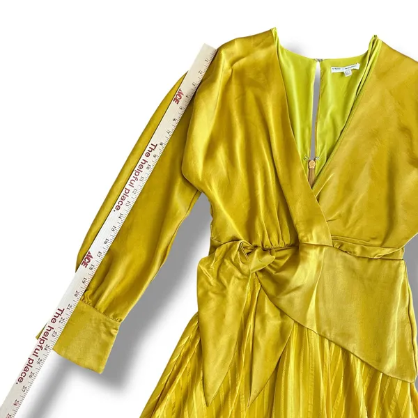 Chartreuse Pleated Wrap Dress Long Sleeve Asym Hem Midi Yellow Women‎ - Image 6