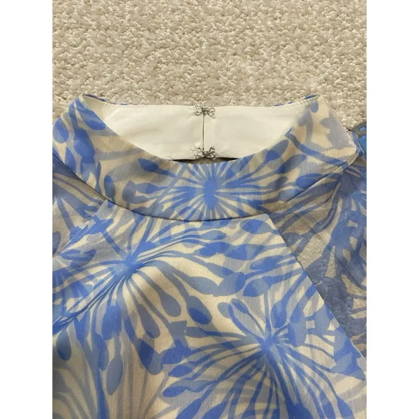Amanda Uprichard Sheer Floral Cropped Tie Blouse Open Back Mock Neck Blue S - Image 16