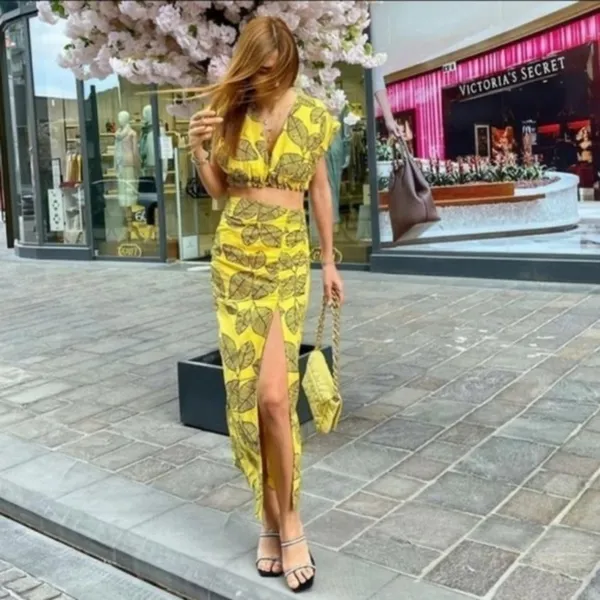 Zara Printed Linen Blend Leaf Midi Skirt Yellow Black‎ XS NWT - Image 8
