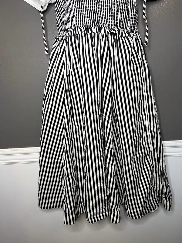Maeve Anthropologie Dress Womens Petite Medium Black White Striped Smocked Midi - Image 3