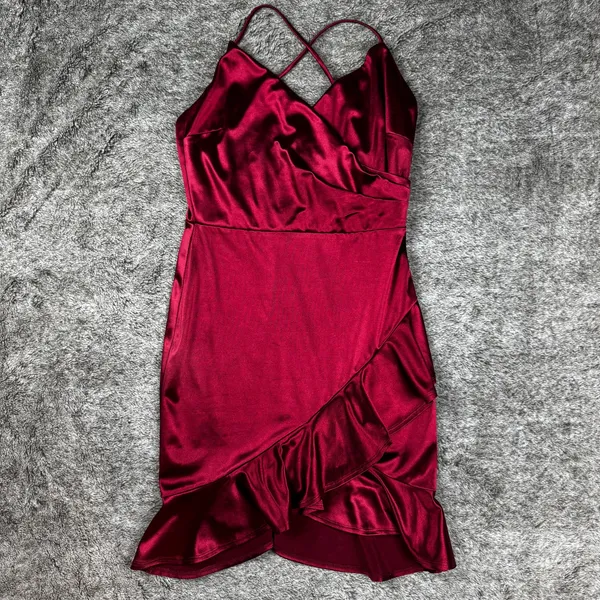 Lulus Romantic Nights Burgundy Satin Ruffled Bodycon Mini Dress Women's Small - Image 2