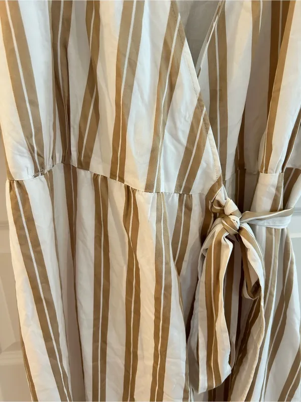 Ann Taylor Striped Wrap Dress Puff Sleeves Tan White Size XXL - Image 6