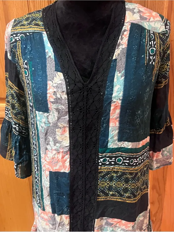Anthropologie Maeve Patchwork‎ Lace Trim Peasant Mini Dress Tunic Green Size XS - Image 6
