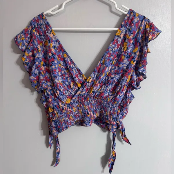 Free People Blue Purple Floral Ruffle Blouse Size Small - Image 6