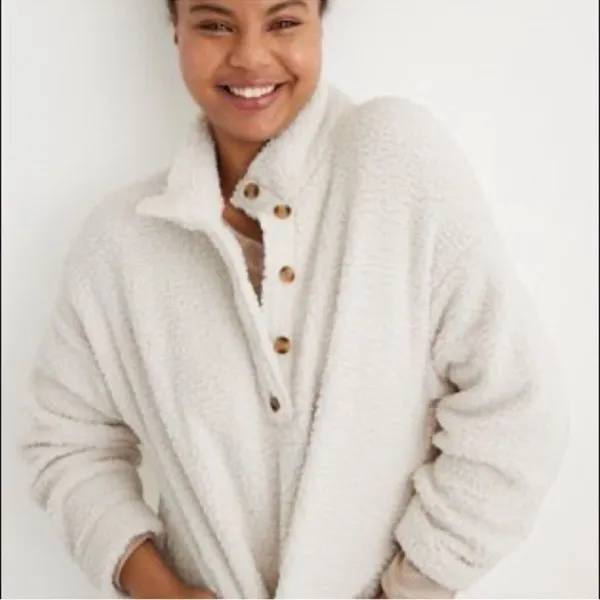 Aerie Sherpa half button sweater with pockets women's size large oversized fit - Image 2