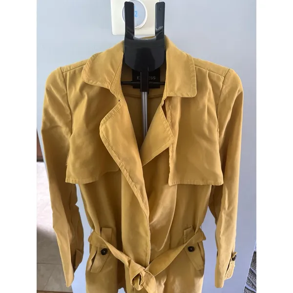 Express Women's mustard yellow self waist tie thin trench‎ coat size medium - Image 2