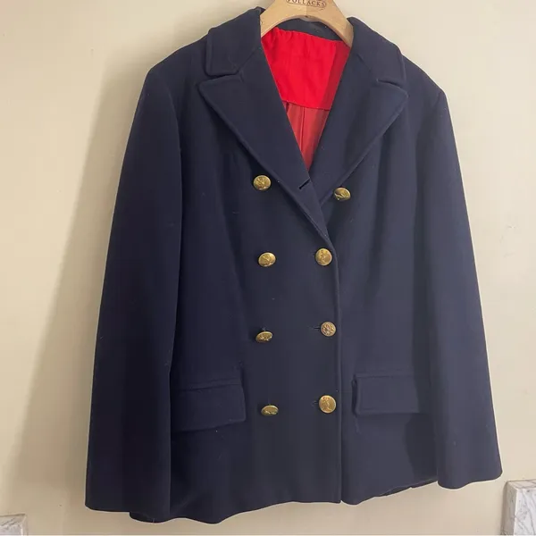 Vintage Navy Wool Pea Coat Red Lining Brass Stag Buttons Double Breasted - Image 14