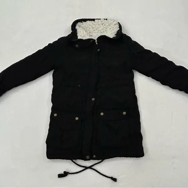 Black Comfy Winter Mid Length Thick Warm Faux Fur Lined Jacket Coat Women’s S - Image 2