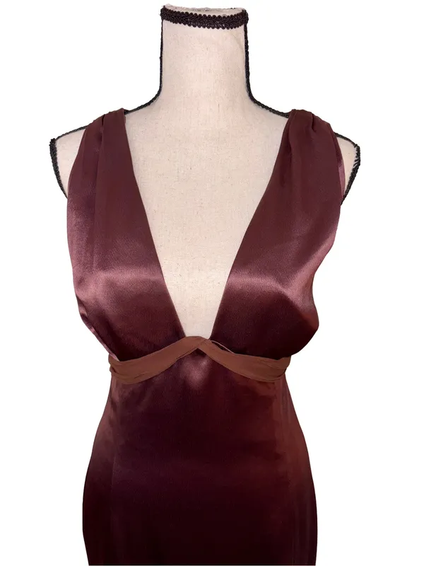 Vera Wang Vintage Brown Satin Plunge Open Back Evening Gown Dress 12 - Image 4