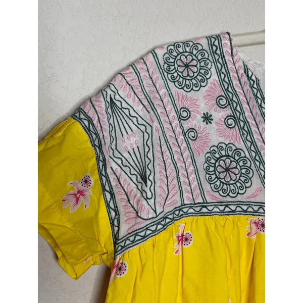 FLOE Yellow Embroidered Boho Dress Medium Festival Sundress Cotton Floral - Image 4