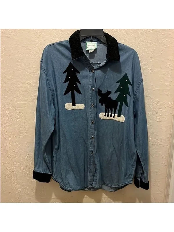 Anne Josephine Dallas Denim Moose Tree Shirt Jacket cottagecore grandma nature - Image 2
