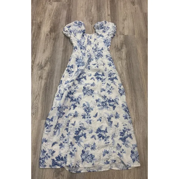 & Other Stories Blue White Floral Toile Linen Puff Sleeve Midi Dress Size 6 - Image 8