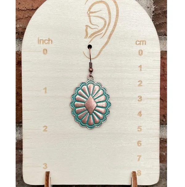 Copper Concho Earrings with Brushed Turquoise Blue - Image 2