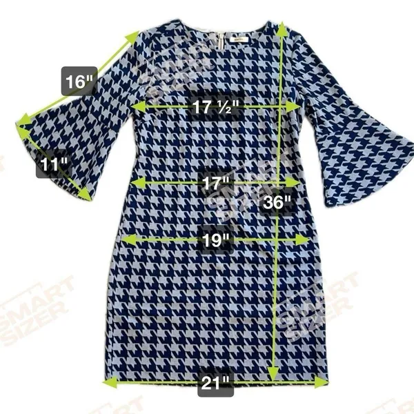 Tyler Boe Ponte Knit Bell Sleeve Blue Houndstooth Check Shift Dress Size S - Image 5