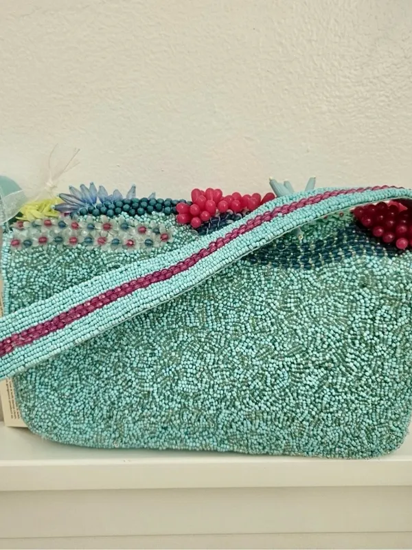 Handcrafted in India Beaded Coastal Coral Reef Shoulder Handbag Purse Teal Aqua - Image 16