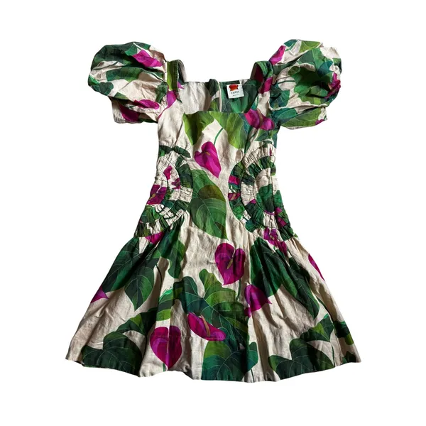 FARM Rio Sand Anthurium Leaves Puff Sleeve Mini Dress XS Summer Boho Ljnen - Image 3