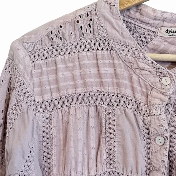 Dylan Womans Boho Patchwork Top Size M Cottage Prairie Victorian Crochet Lilac - Image 2