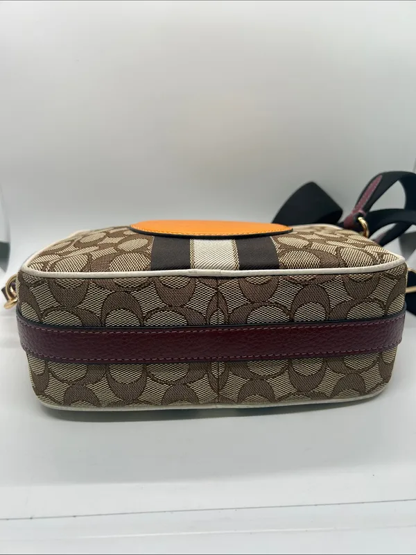 Coach Dempsey Camera Bag Brown Signature Jacquard Orange Logo Patch and Stripes - Image 6