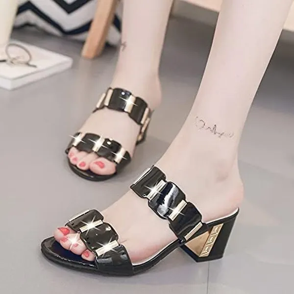 BRAND NEW ~ Women's Black & Gold Chunky Heel Slides Dressy Shoes ~ Size 5 (35) - Image 3