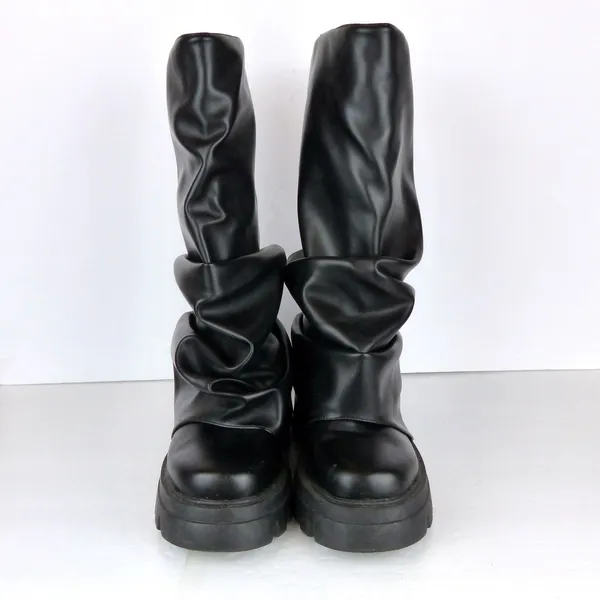 Azalea Wang Mate Boots Womens 11 Black Ruched Mid Calf Lug Sole Moto Y2K Gothic - Image 8