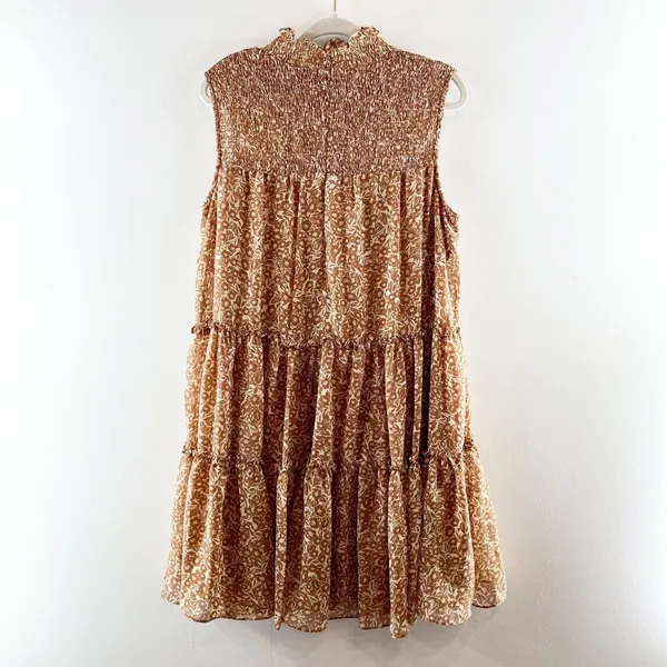 Taylor Smocked Tiered Printed Mini Dress Brown XL - Image 4