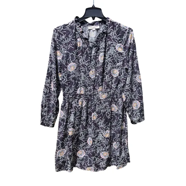 LOFT NWOT Black Purple Floral Ruffle Neck Long Sleeve Elastic Waist Dress‎ Large - Image 2