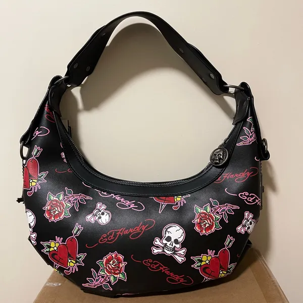 Ed Hardy Dalinda Black Studded Graphic Tattoo Hobo Shoulder Bag NWT Designer - Image 2