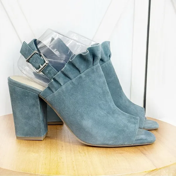 Seychelles by Anthropologie Sightseeing Suede Slingback Peep Toe Heels‎ Teal 9 - Image 2