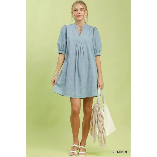 Umgee Print Denim Dress with Contrast Stitch - Small - Image 4