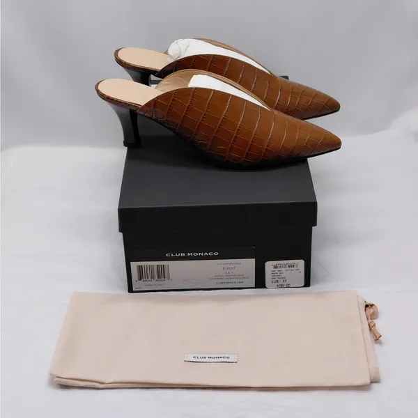 $289 NWT Club Monaco Mule Heels Women's Sz 7 Brown Croc Embossed Pointed Toe - Image 15