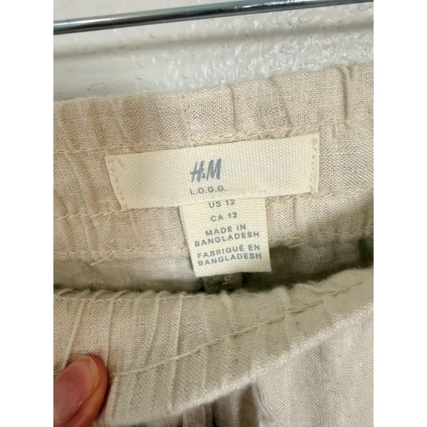 HM LOGG Womens 100% Linen Drawstring Tapered Pants Beige Size 12 0690936 1 - Image 2
