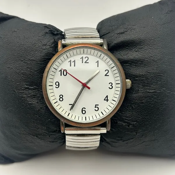 Silver Tone White Dial Stainless Steel Watch Expansion Band Working - Image 2