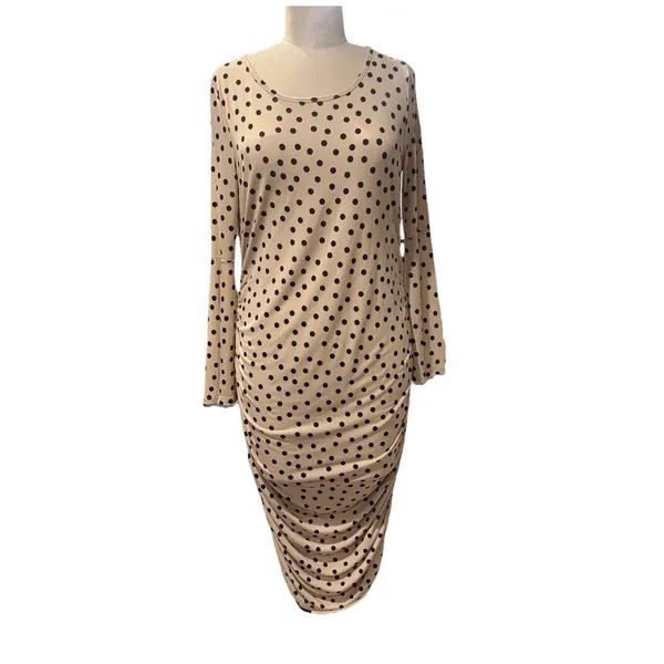 My Bump Maternity Dress, Polka Dot Bell Sleeves Body Con Dress,taupe And Black L - Image 4