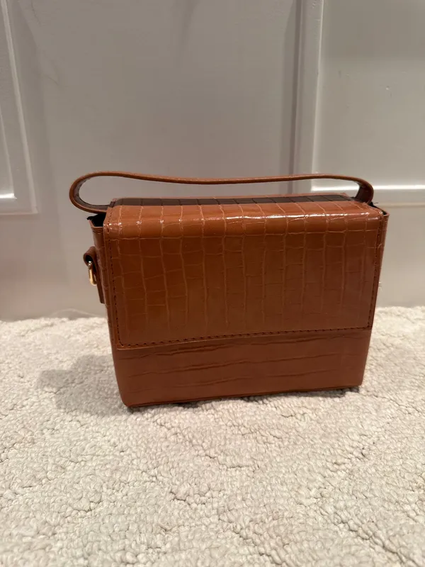 Brown Croc Embossed Box Bag Top Handle Crossbody - Image 3