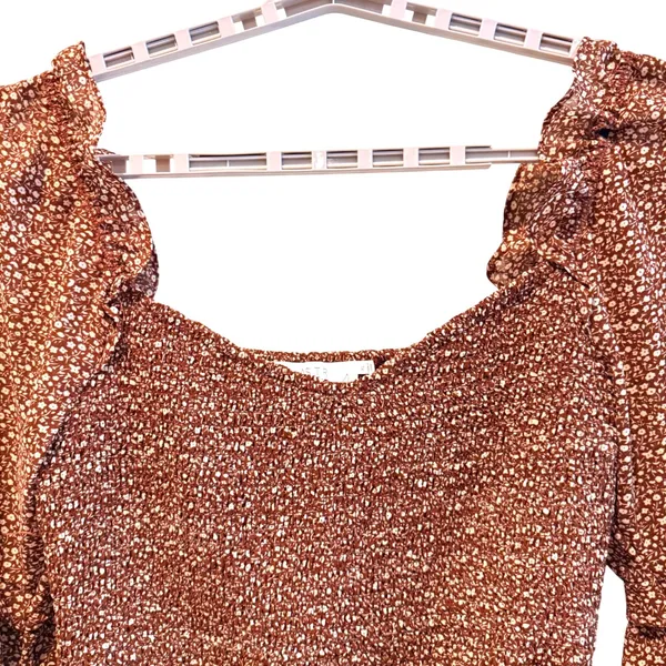 ASTR The Label Brown Ditsy Floral Smocked Long‎ Sleeve Crop Top Women's XL - Image 2