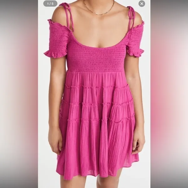 FREE PEOPLE HAPPY WITH YOU SMOCKED TIERED MINI DRESS IN pink plum xs - Image 2