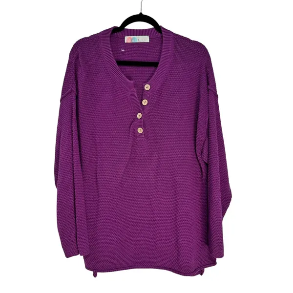 FP Beach Free People Purple Cotton‎ Waffle Knit Henley Sweater Medium 6012 - Image 2